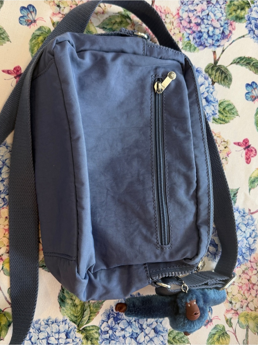 Kipling Slate Blue Crossbody Bag with Monkey Charm Like New - Picture 2 of 9